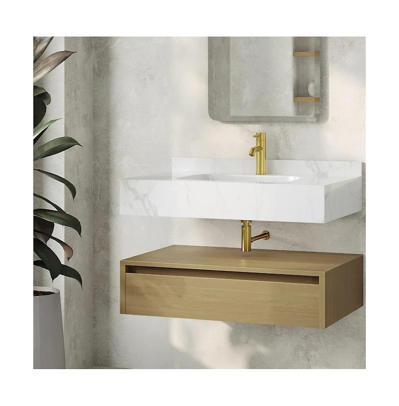 Swiss Madison 36" Wall-Mounted Bathroom Vanity in Natural Oak with White Marble Sink Top