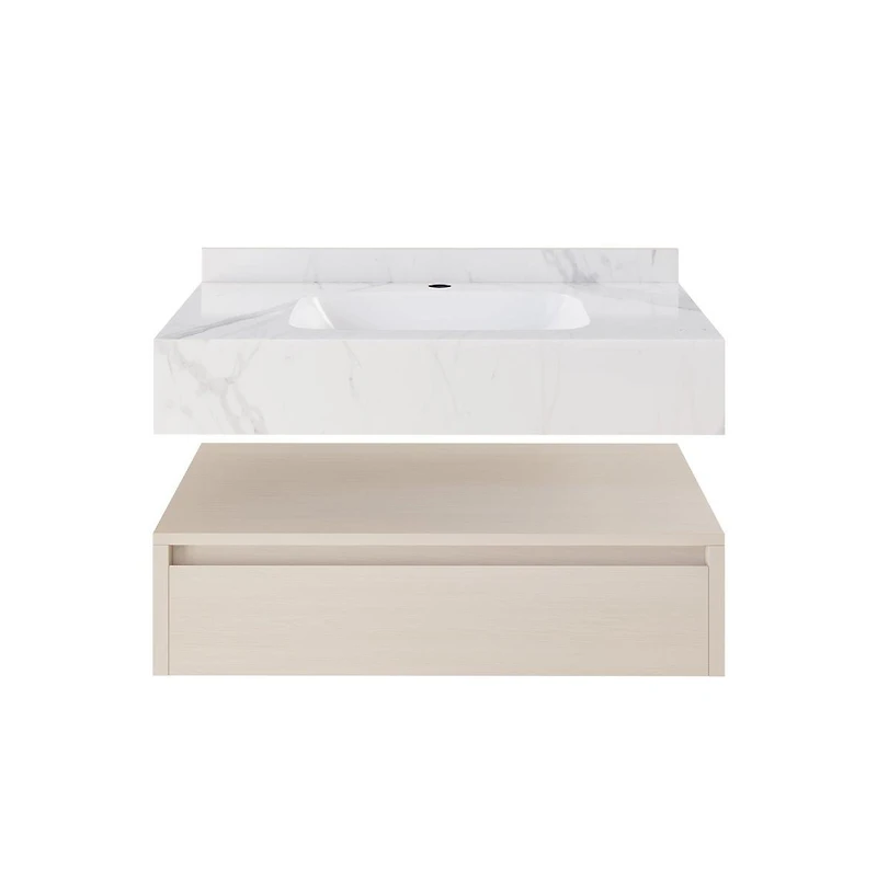 Swiss Madison Avancer 36" Wall-Mounted Bathroom Vanity in White Oak with White Marble Sink Top