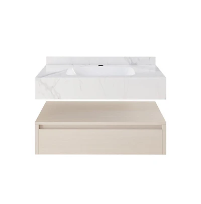 Swiss Madison Avancer 36" Wall-Mounted Bathroom Vanity in White Oak with White Marble Sink Top