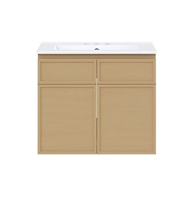 Swiss Madison 24" Wall-Mounted Bathroom Vanity in Natural Oak with 3-Hole Centerset Sink Top
