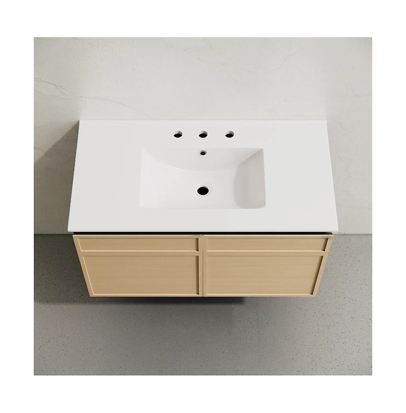 36" Wall-Mounted Bathroom Vanity in Natural Oak with 3-Hole Widespread Sink Top
