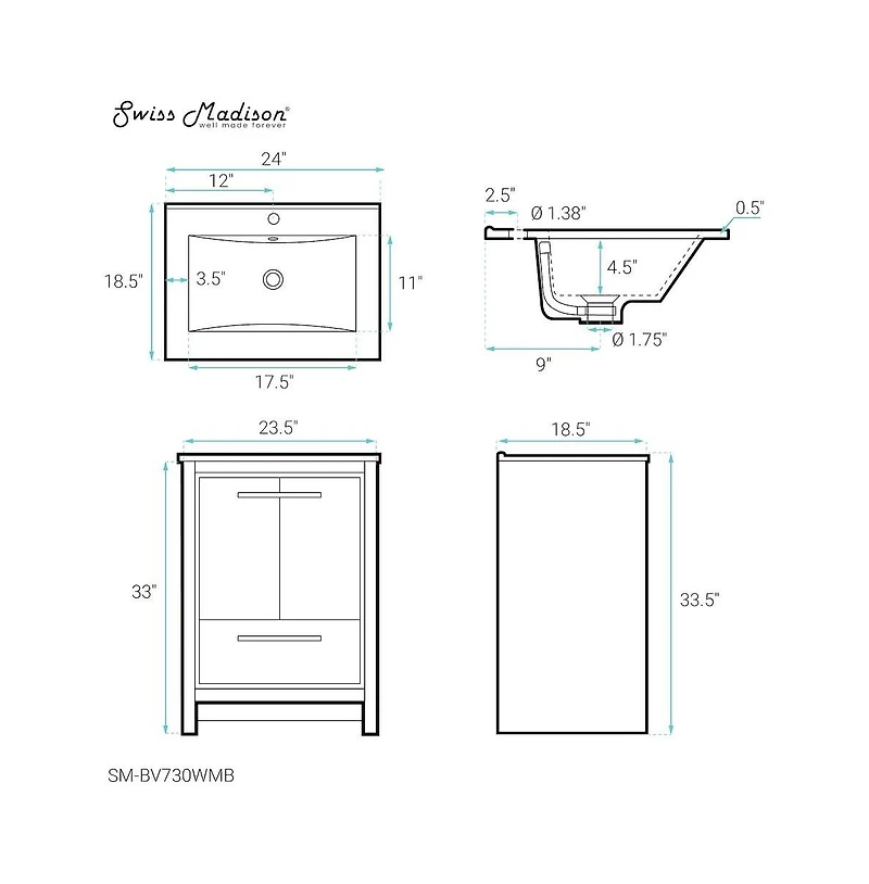 Virage 24 in. White Bathroom Vanity With Black Ceramic Sink Top