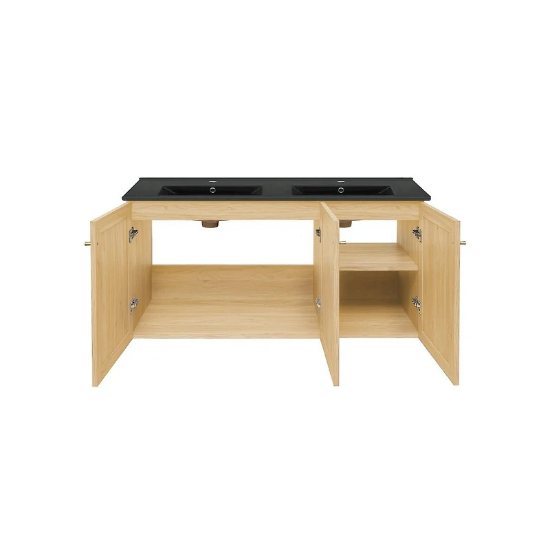 Swiss Madison 48" Wall-Mounted Bathroom Vanity in Natural Oak with Double Basin Sink Top