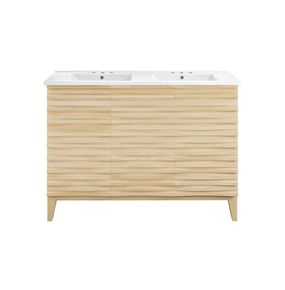 Swiss Madison48 in. Natural Oak, Double Basin Bathroom Vanity, White, 3-Hole Ceramic Sink Top