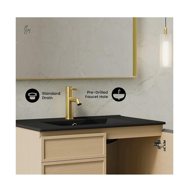 St. Tropez 30" Wall-Mounted Bathroom Vanity in Natural Oak with Black Sink Top