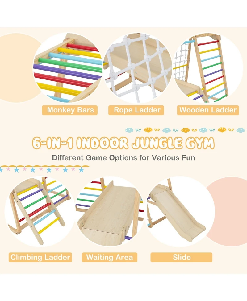 6-in-1 Indoor Jungle Gym Kids Wooden Playground with Monkey Bars