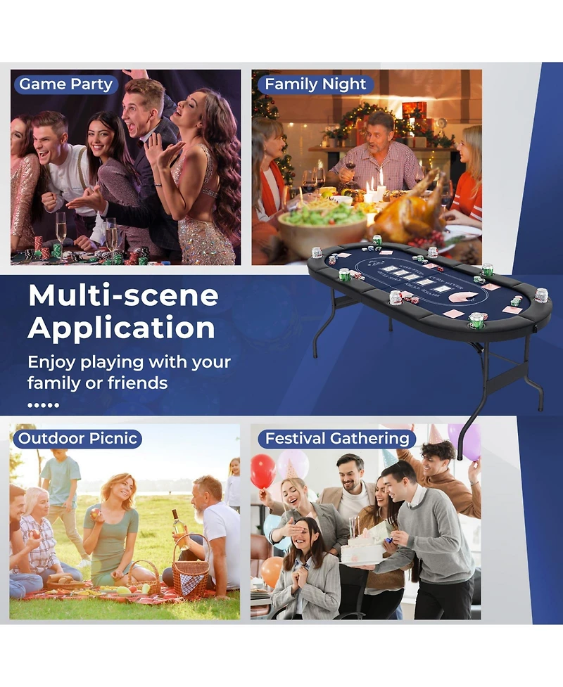 72 Inch Foldable Poker Table for 8 Players Portable Oval Card Board Game Table