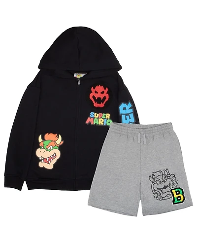 Mario Big Boys Super Bros Bowser 2-Piece Zip-Up Hoodie and Shorts Bundle Set