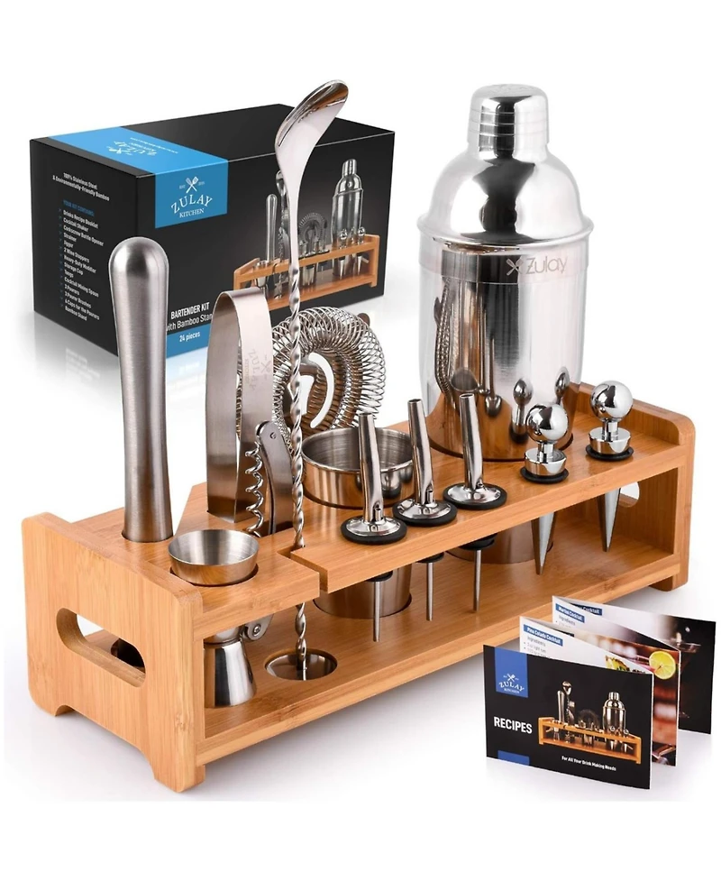 24 Piece Professional Stainless Steel Bartender Set with Bamboo Stand