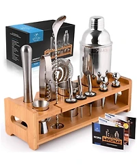 24 Piece Professional Stainless Steel Bartender Set with Bamboo Stand