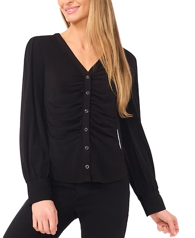 CeCe Women's V-Neck Long-Sleeve Shirred Knit Top