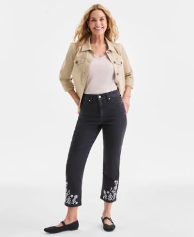 Style Co Womens Embroidered Cropped High Rise Straight Leg Jeans Macys Exclusive