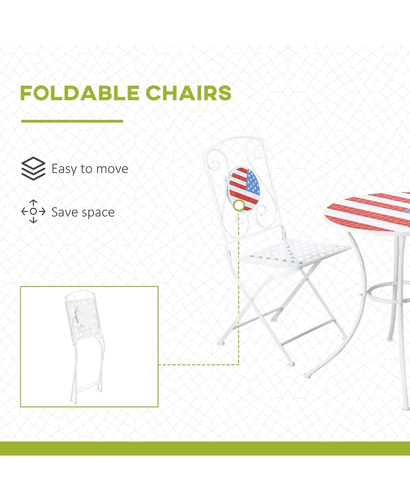 Outsunny 3 Piece Outdoor Patio Dining Bistro Set, 2 Folding Chairs, American Flag Stone Mosaic, Folding Center Table for Garden, Poolside, Porch