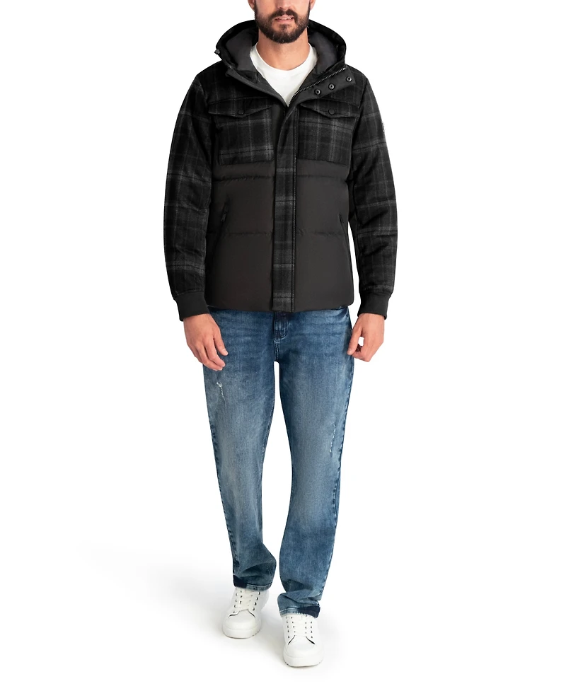 Karl Lagerfeld Paris Men's Mixed Media Hooded Puffer