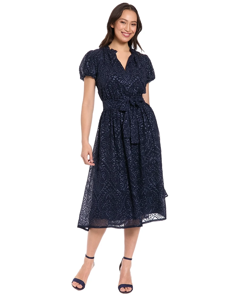 London Times Women's Bubble Sleeve Elastic Waist Midi Dress