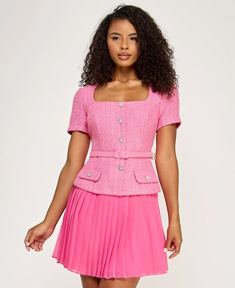 City Studios Women's Square Neck Short-Sleeve Belted Dress