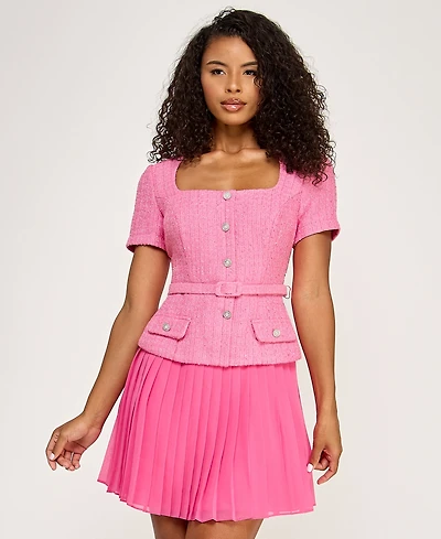 City Studios Women's Square Neck Short-Sleeve Belted Dress