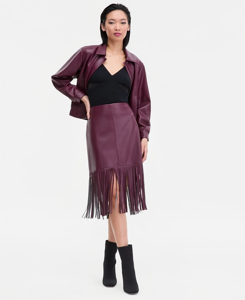 I.n.c. International Concepts Women's Faux-Leather Fringe-Trim Skirt, Macy's Exclusive