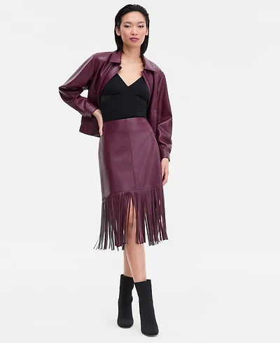 I.n.c. International Concepts Women's Faux-Leather Fringe-Trim Skirt, Macy's Exclusive