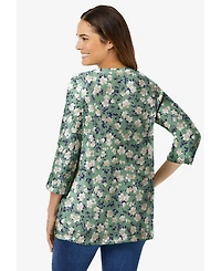 Woman Within Women's Perfect Printed Three-Quarter Sleeve V-Neck Tee