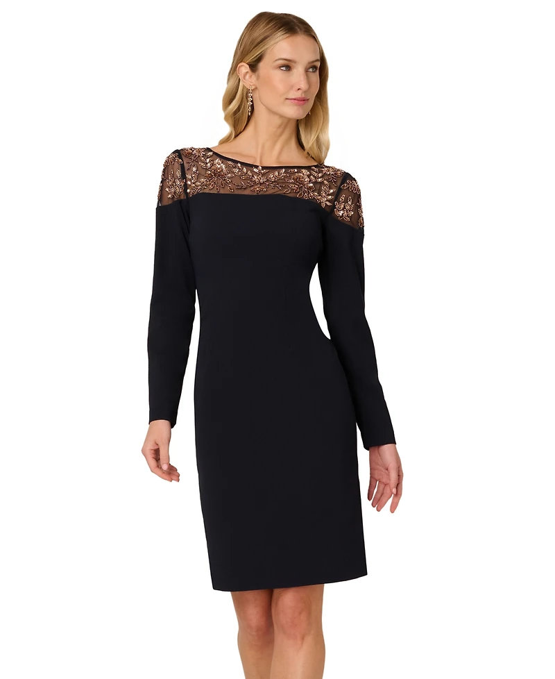 Adrianna Papell Women's Beaded Illusion Long-Sleeve Sheath Dress