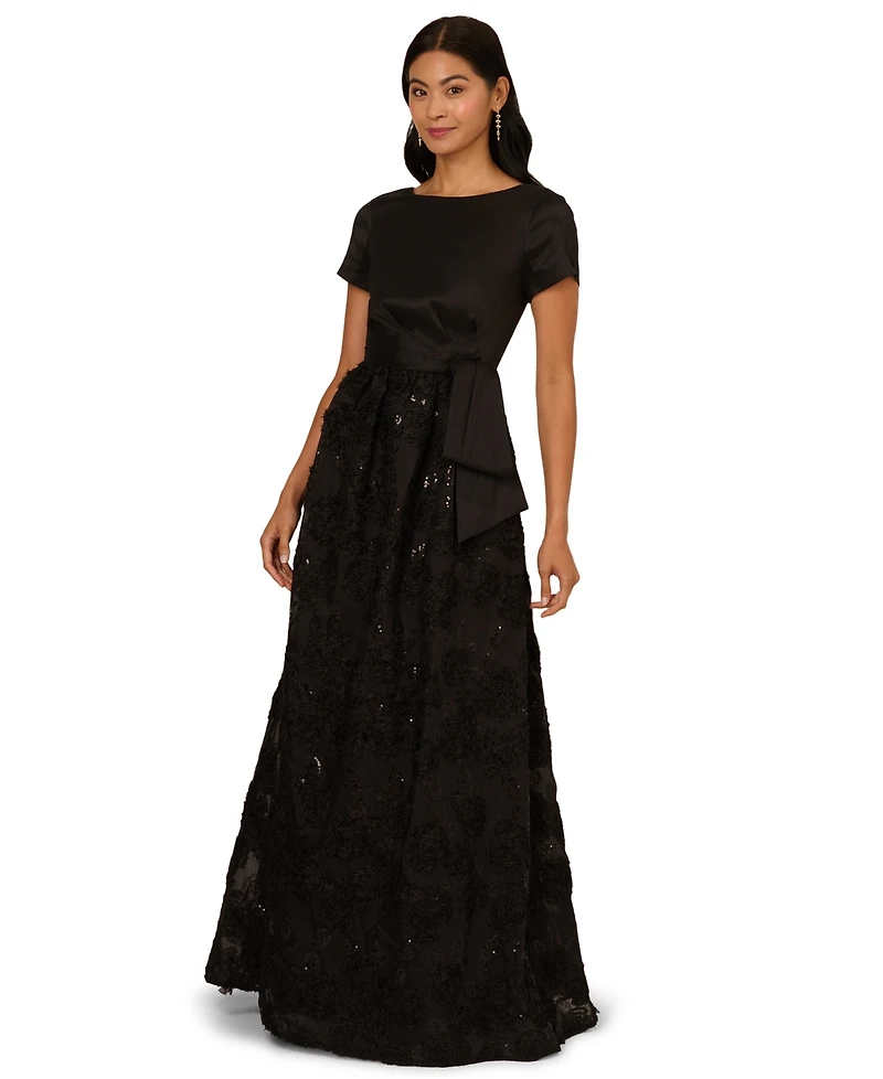 Adrianna Papell Women's Soutache Floral Combo Short-Sleeve Gown