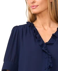CeCe Women's Puff Short-Sleeve Button Down Ruffle Top
