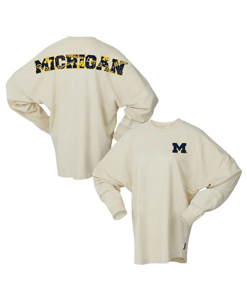 Spirit Jersey Women's Cream Michigan Wolverines Oversized Preppy Long Sleeve T-Shirt