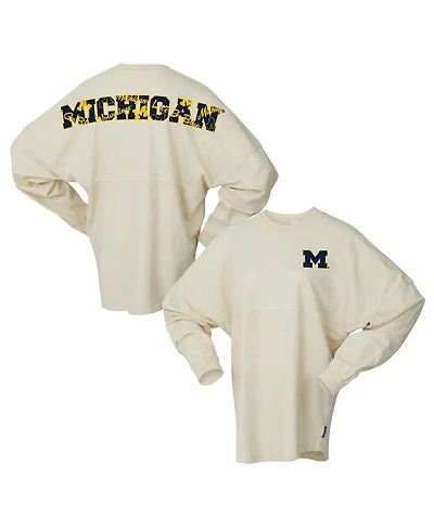 Spirit Jersey Women's Cream Michigan Wolverines Oversized Preppy Long Sleeve T-Shirt