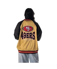 The Wild Collective Women's Gold San Francisco 49ers Oversized Satin Raglan Full-Snap Bomber Jacket
