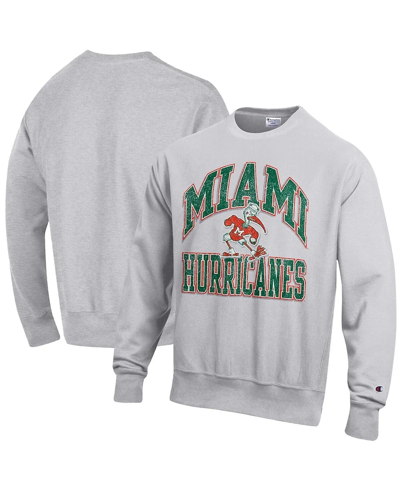 Champion Men's Gray Miami Hurricanes Distressed Arch Over Logo Reverse Weave Crew Neck Sweatshirt