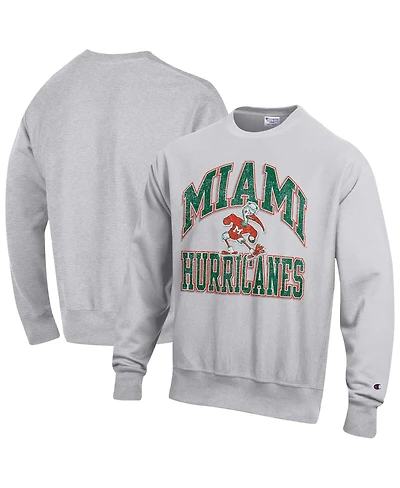Champion Men's Gray Miami Hurricanes Distressed Arch Over Logo Reverse Weave Crew Neck Sweatshirt