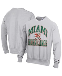 Champion Men's Gray Miami Hurricanes Distressed Arch Over Logo Reverse Weave Crew Neck Sweatshirt