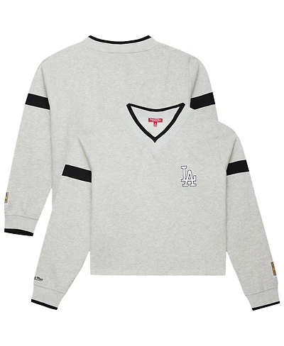 Mitchell & Ness Women's Heather Gray Los Angeles Dodgers Cooperstown Collection V-Neck Cropped Toggle Sweatshirt