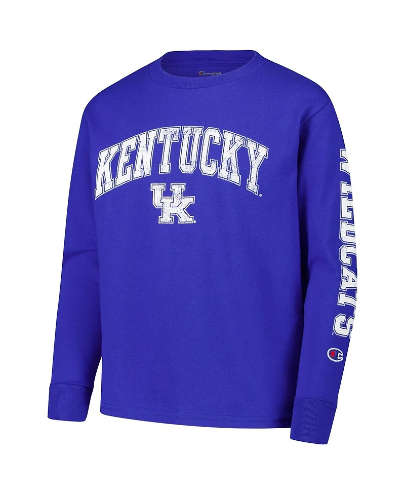 Champion Big Boys and Girls Royal Kentucky Wildcats Distressed Arch Over Logo Long Sleeve T-Shirt