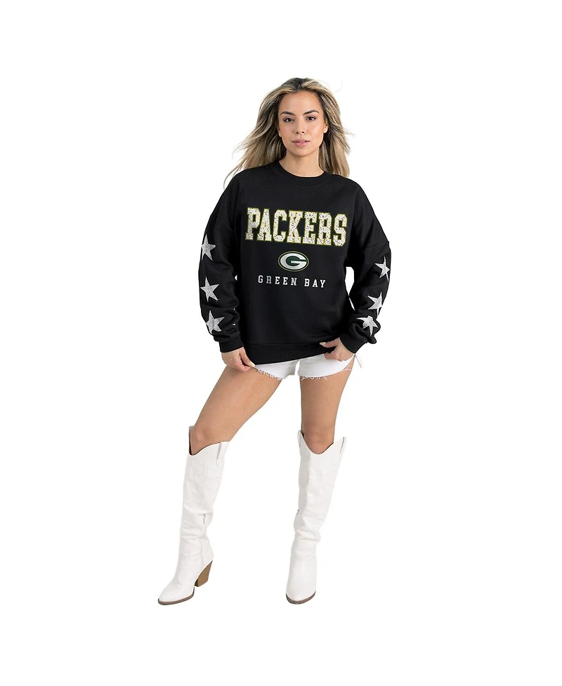 Gameday Couture Women's Black Green Bay Packers Velocity Relaxed Rhinestone Pullover Sweatshirt