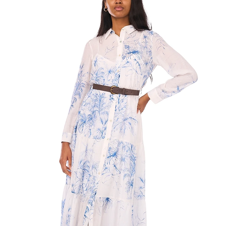 Msk Women's Long-Sleeve Collared Tiered Skirt & Belt Dress