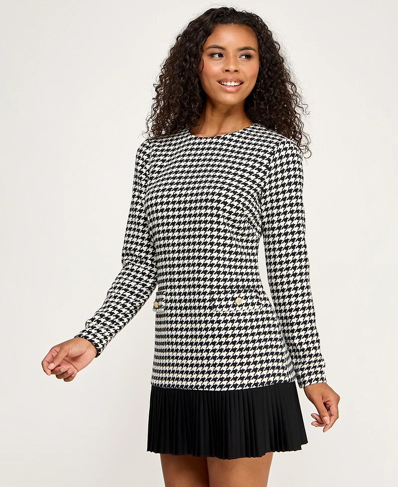 Seni & Cade Juniors' Houndstooth Blazer Pleated Crewneck Dress