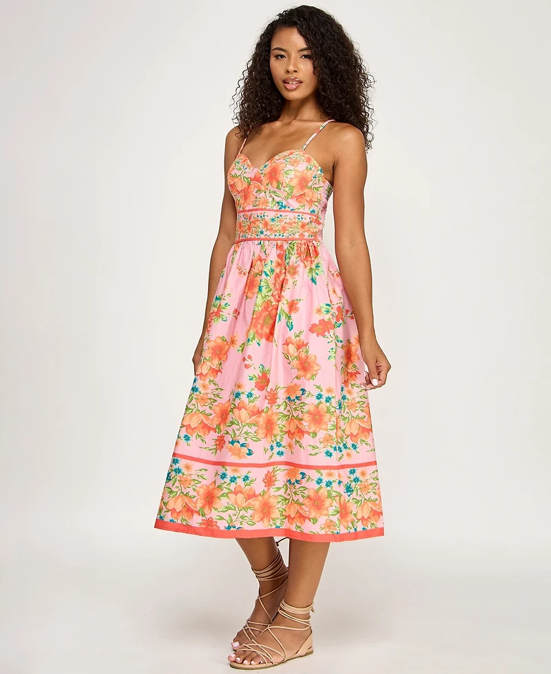 Seni & Cade Juniors' Floral Printed Sweetheart Neck Midi Dress