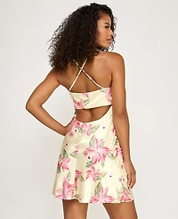 Seni & Cade Juniors' Floral Square Neck Back Strap Satin Dress