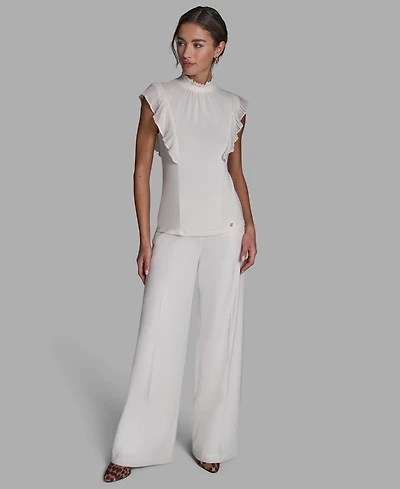 Bcbg Women's Pleated Mock Neck Flutter Sleeve Top