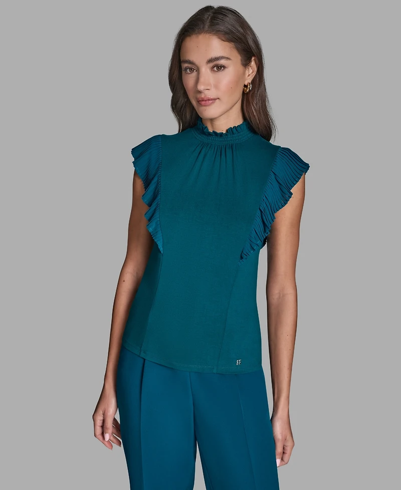 Bcbg Women's Pleated Mock Neck Flutter Sleeve Top