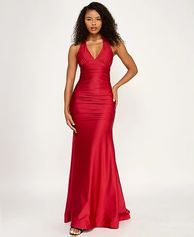 Emerald Sundae Juniors' Ruched Sleeveless Halter Gown