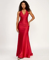 Emerald Sundae Juniors' Ruched Sleeveless Halter Gown