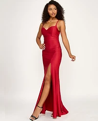 Emerald Sundae Juniors' V-Neck Front-Slit Sleeveless Gown