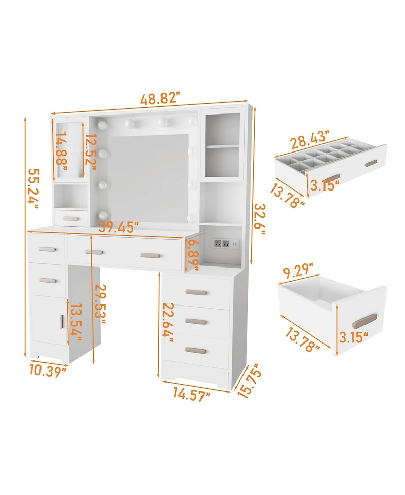 Dyhome Vanity Desk with Mirror and Lights and Charging Station with 7 Drawers & 3 Cabinets