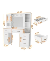 Dyhome Vanity Desk with Mirror and Lights and Charging Station with 7 Drawers & 3 Cabinets
