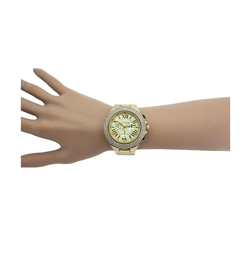 Gold Classy 3-Dial and Rhinestone Bezel Metal Watch