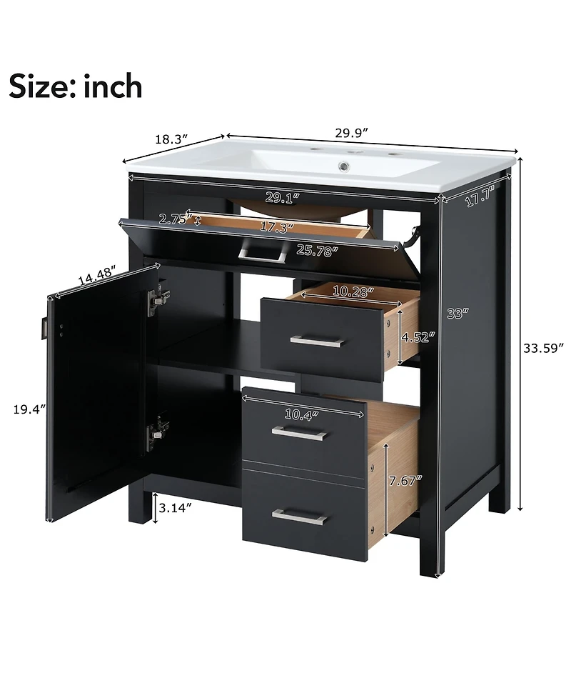 30-Inch Blue Bathroom Vanity with Ceramic Sink and Ample Storage - Ideal Choice for Small Bathrooms Black