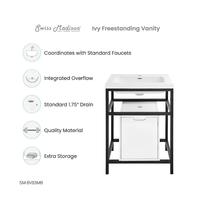 Ivy 24" Freestanding Bathroom Vanity in Black with Sink Top